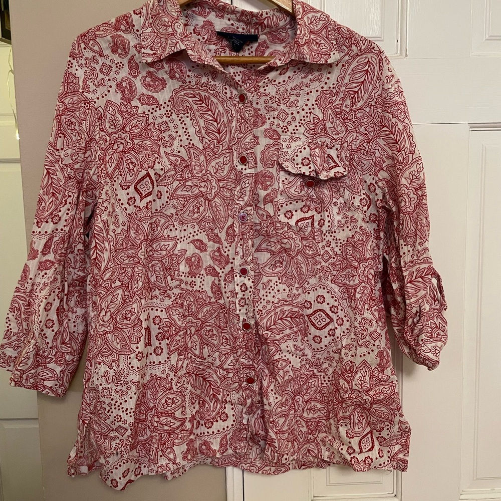 Karen Scott Red and White Paisley Blouse